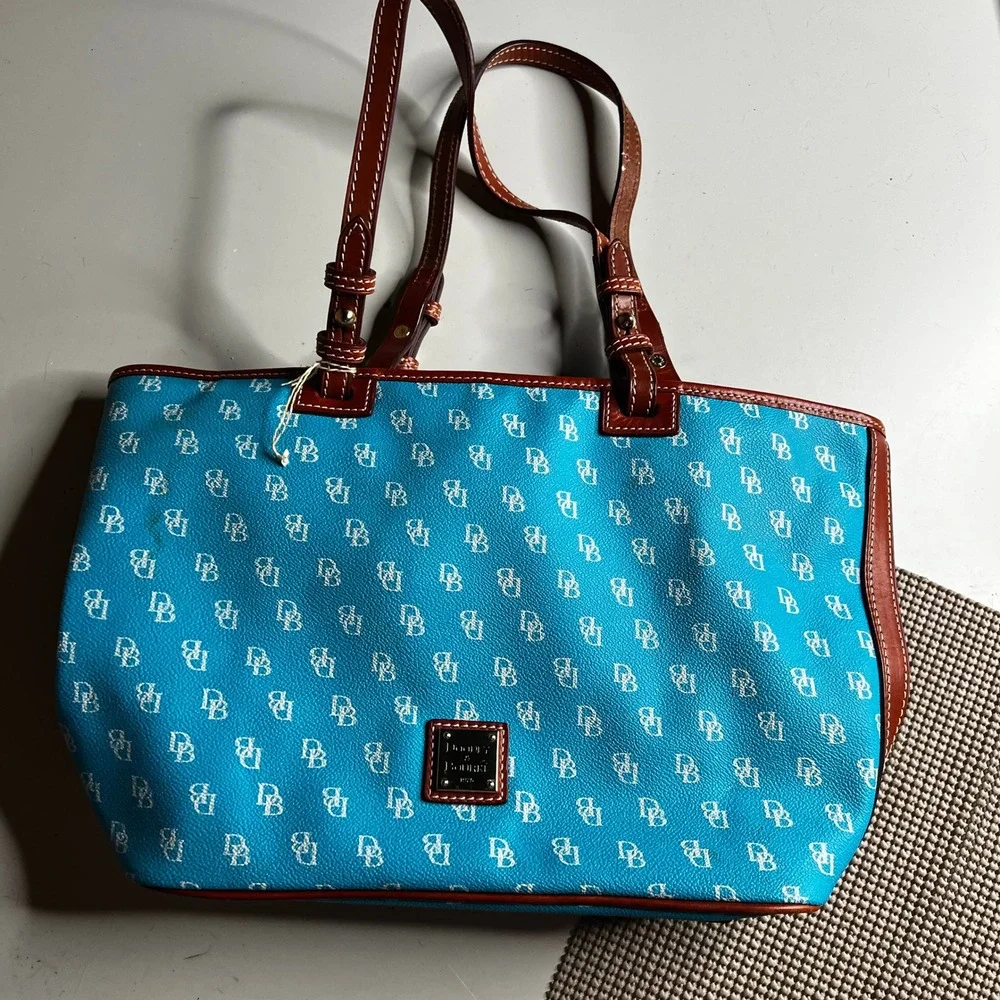 Dooney & Bourke Monogram Tote Bag Turquoise Blue Coated Cotton Leather Trim